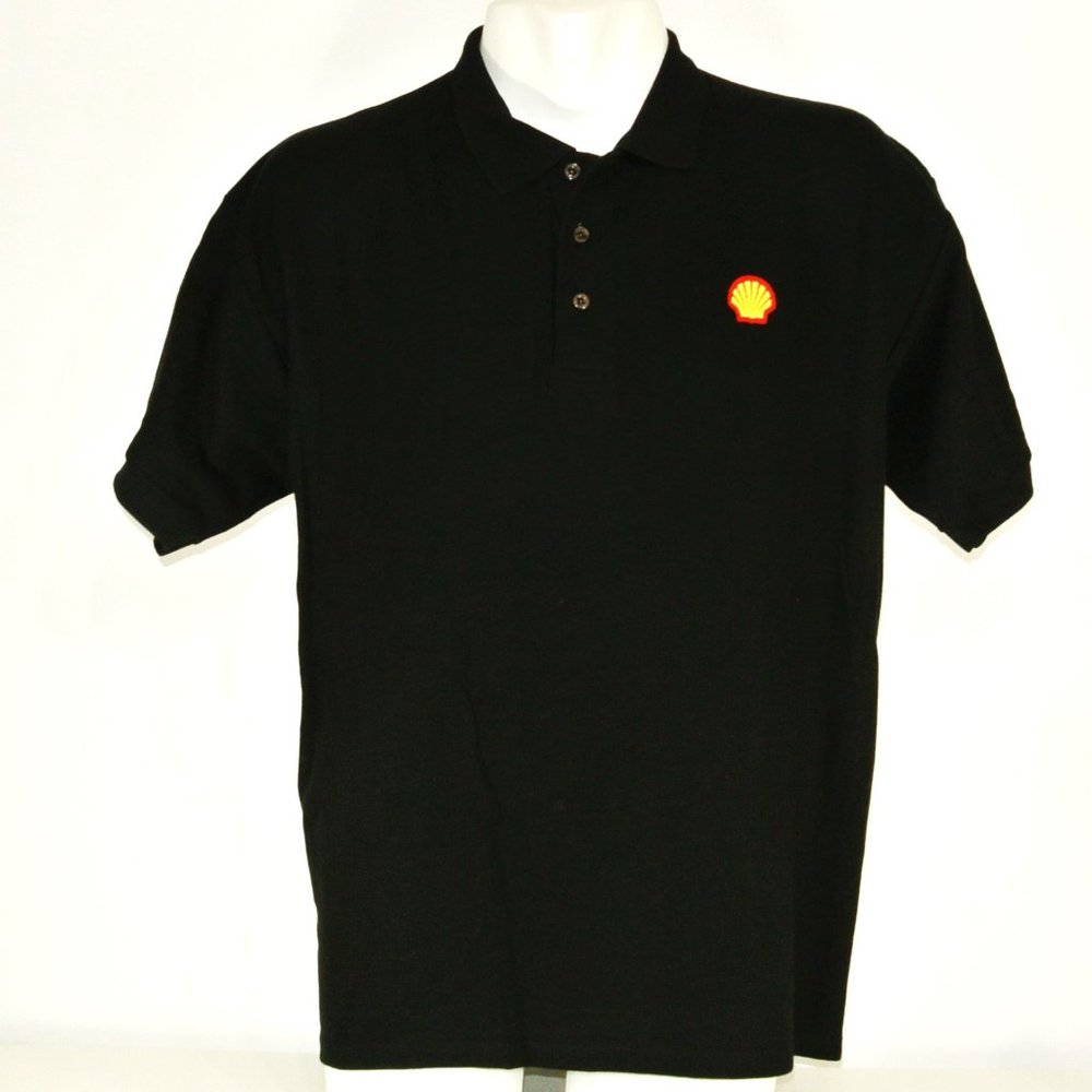 SHELL Gas Station Oil Employee Uniform Men's Black Polo Shirt Size L NEW